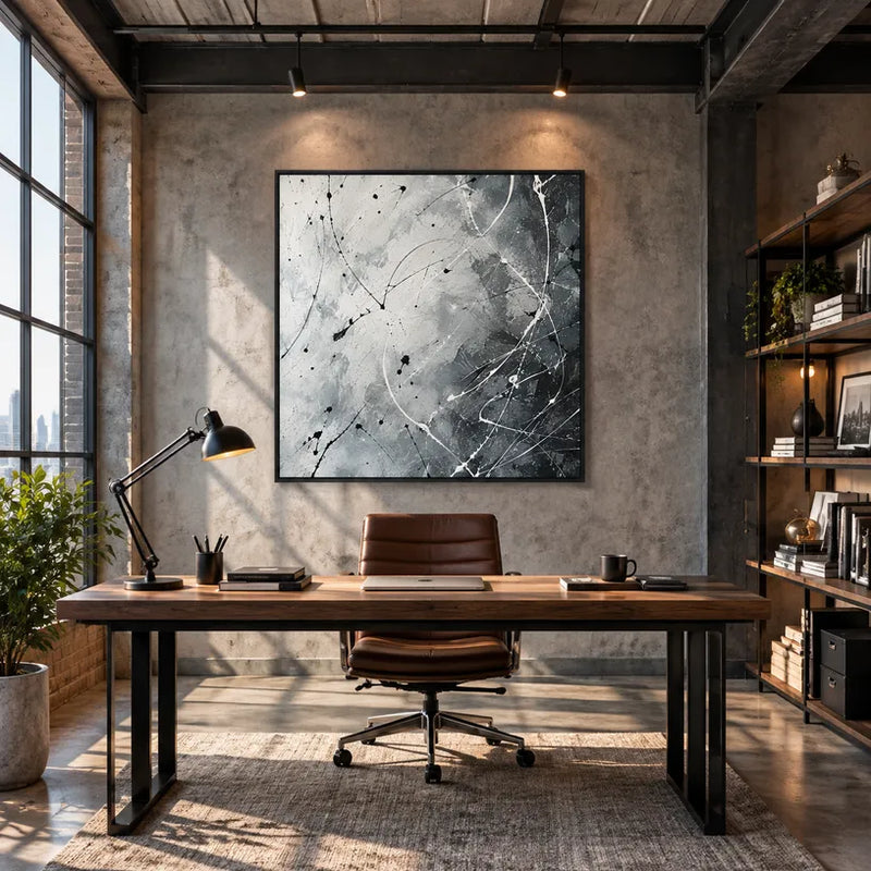 Espressionismo astratto Pittura a olio astratta e concettuale con segni astratti stratificati, consistenza e movimento pittorico espressivo in una tavolozza grigia.