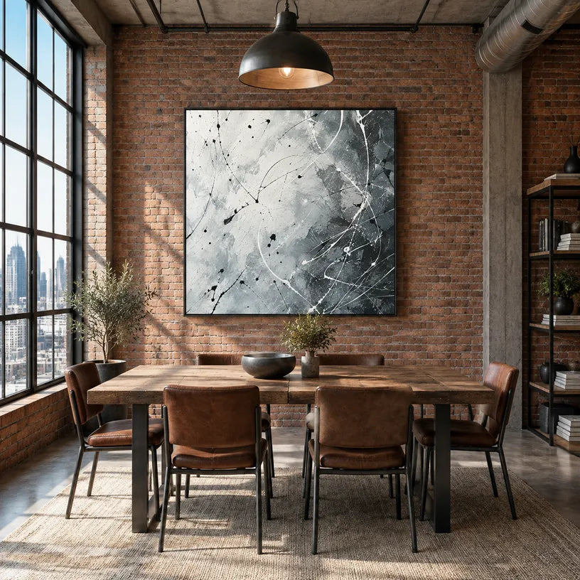 Abstract Expressionist abstract oil painting showing misty grey gestural marks and white texture in a grey palette, contemporary wall art.