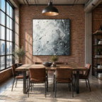 Abstract Expressionist abstract oil painting showing misty grey gestural marks and white texture in a grey palette, contemporary wall art.