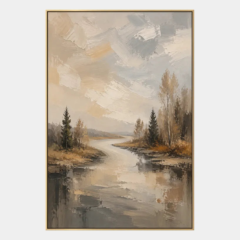 Abstract Expressionist landscapes & seascapes & cityscapes oil painting showing a calm forest stream with brown and grey reflections in a brown palette, contemporary wall art.