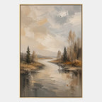 Abstract Expressionist landscapes & seascapes & cityscapes oil painting showing a calm forest stream with brown and grey reflections in a brown palette, contemporary wall art.