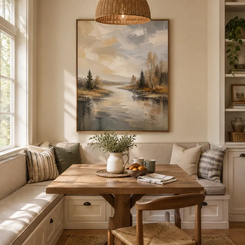 Abstract Expressionist landscapes & seascapes & cityscapes oil painting showing a calm forest stream with brown and grey reflections in a brown palette, contemporary wall art.