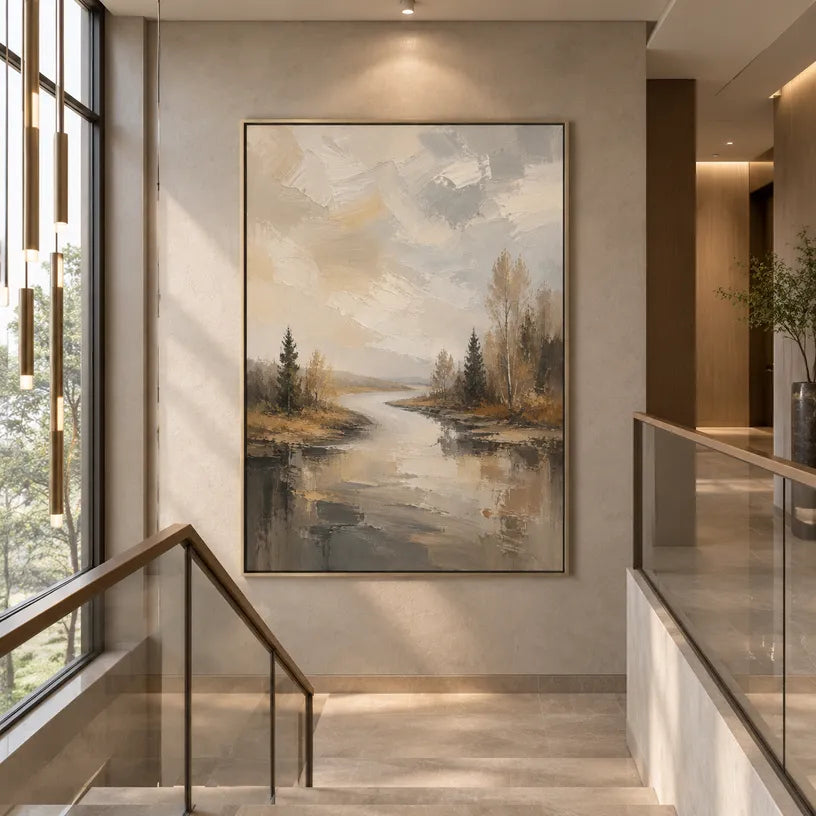 Abstract Expressionist landscapes & seascapes & cityscapes oil painting showing a calm forest stream with brown and grey reflections in a brown palette, contemporary wall art.