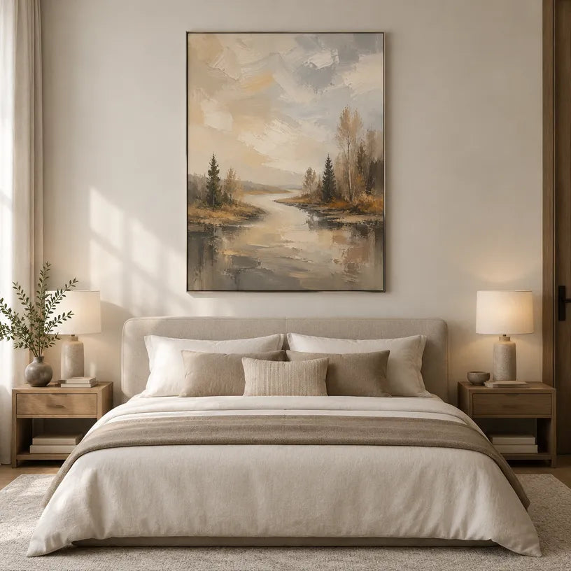 Abstract Expressionist landscapes & seascapes & cityscapes oil painting showing a calm forest stream with brown and grey reflections in a brown palette, contemporary wall art.