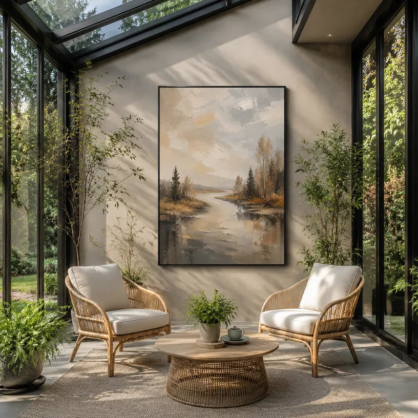Abstract Expressionist landscapes & seascapes & cityscapes oil painting showing a calm forest stream with brown and grey reflections in a brown palette, contemporary wall art.