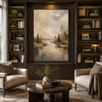Abstract Expressionist landscapes & seascapes & cityscapes oil painting showing a calm forest stream with brown and grey reflections in a brown palette, contemporary wall art.