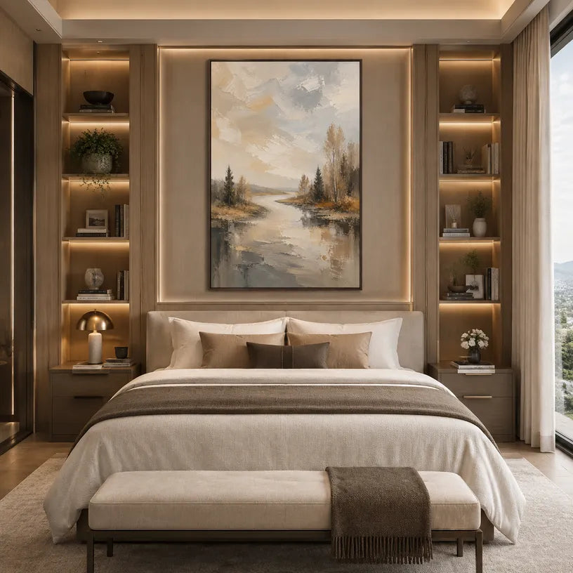 Abstract Expressionist landscapes & seascapes & cityscapes oil painting showing a calm forest stream with brown and grey reflections in a brown palette, contemporary wall art.