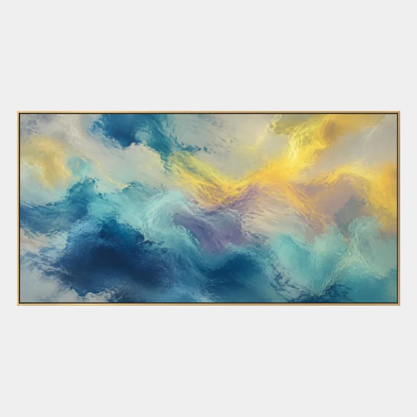 Abstract Expressionist abstract oil painting showing layered abstract marks, texture and expressive painterly movement in a blue palette.