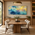 Abstract Expressionist abstract oil painting showing layered abstract marks, texture and expressive painterly movement in a blue palette.