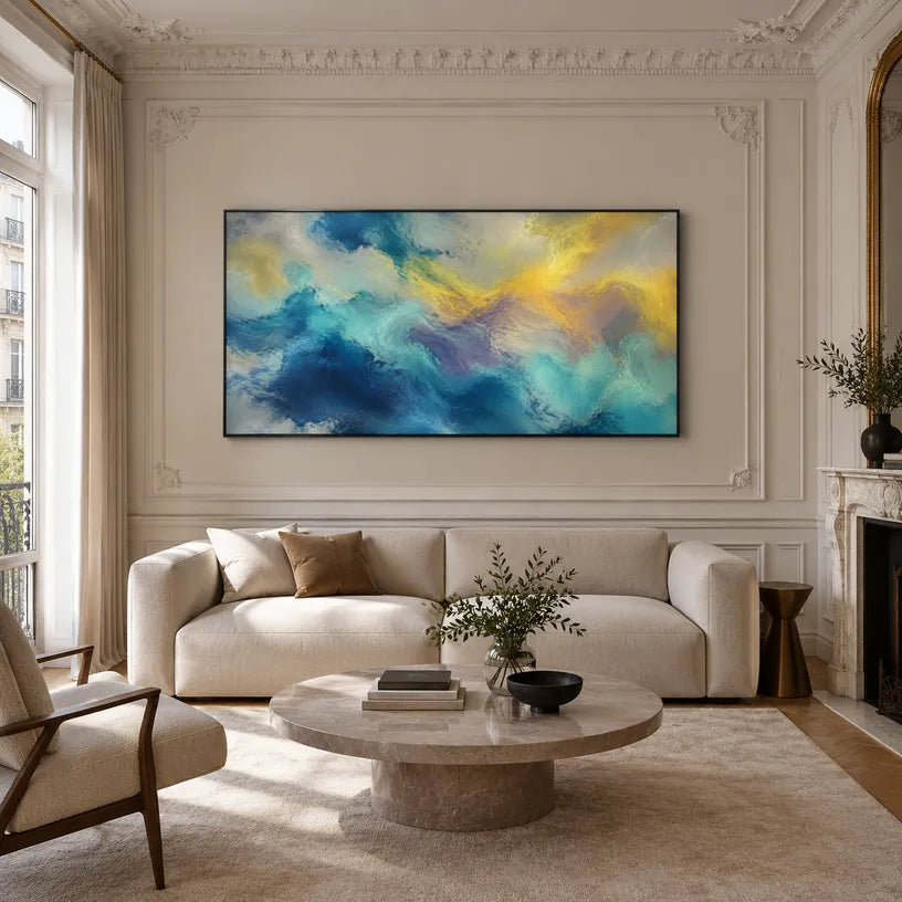 Abstract Expressionist abstract oil painting showing layered abstract marks, texture and expressive painterly movement in a blue palette.