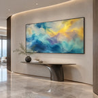 Abstract Expressionist abstract oil painting showing layered abstract marks, texture and expressive painterly movement in a blue palette.