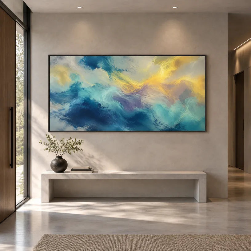 Abstract Expressionist abstract oil painting showing layered abstract marks, texture and expressive painterly movement in a blue palette.