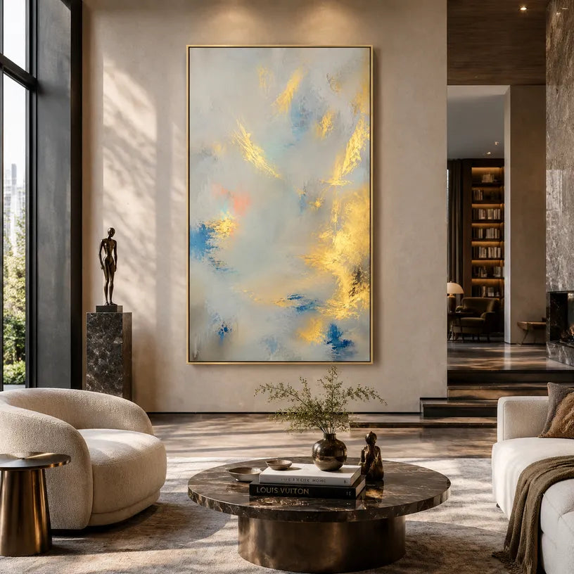Abstract Expressionist abstract oil painting showing layered abstract marks, texture and expressive painterly movement in a grey palette.