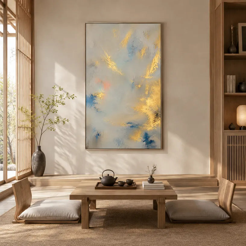 Abstract Expressionist abstract oil painting showing layered abstract marks, texture and expressive painterly movement in a grey palette.