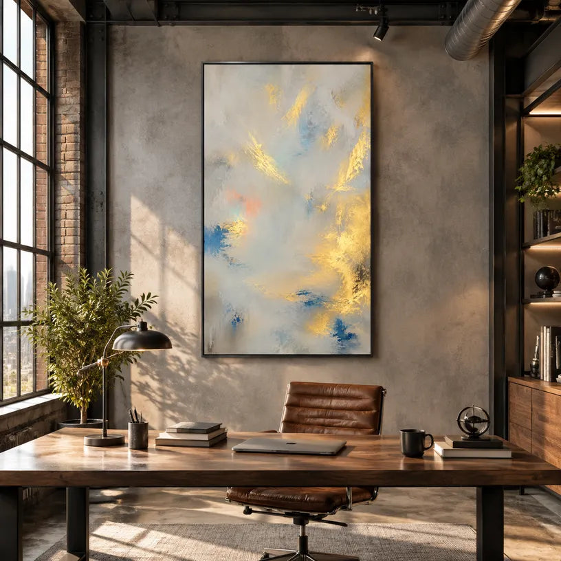 Abstract Expressionist abstract oil painting showing layered abstract marks, texture and expressive painterly movement in a grey palette.