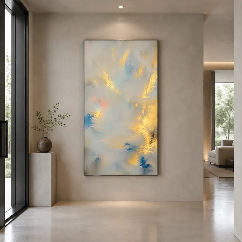 Abstract Expressionist abstract oil painting showing layered abstract marks, texture and expressive painterly movement in a grey palette.