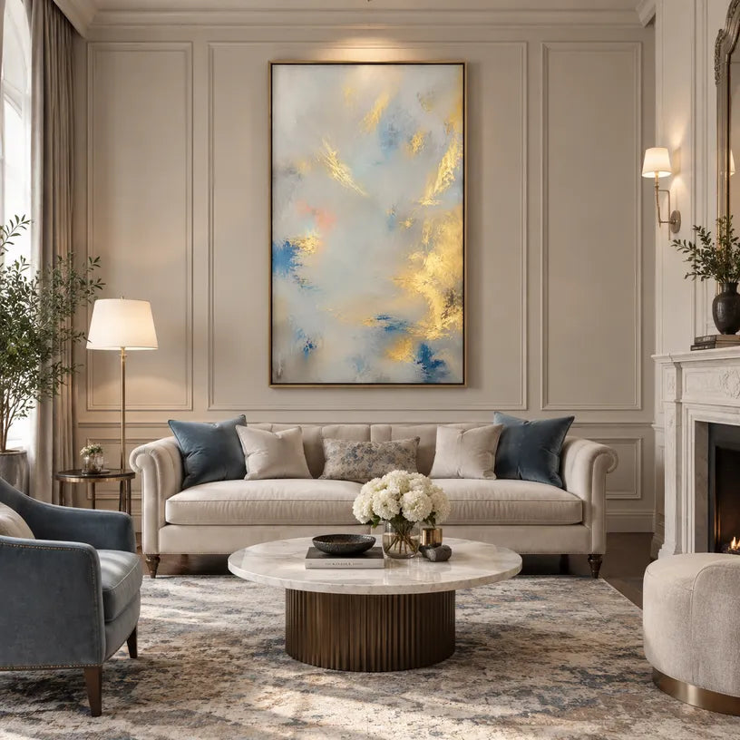 Abstract Expressionist abstract oil painting showing layered abstract marks, texture and expressive painterly movement in a grey palette.