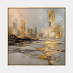 Abstract Expressionist landscapes & seascapes & cityscapes oil painting showing a painterly landscape with distant hills, trees or reflective water in a brown palette.
