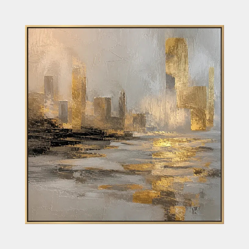 Abstract Expressionist landscapes & seascapes & cityscapes oil painting showing a painterly landscape with distant hills, trees or reflective water in a brown palette.