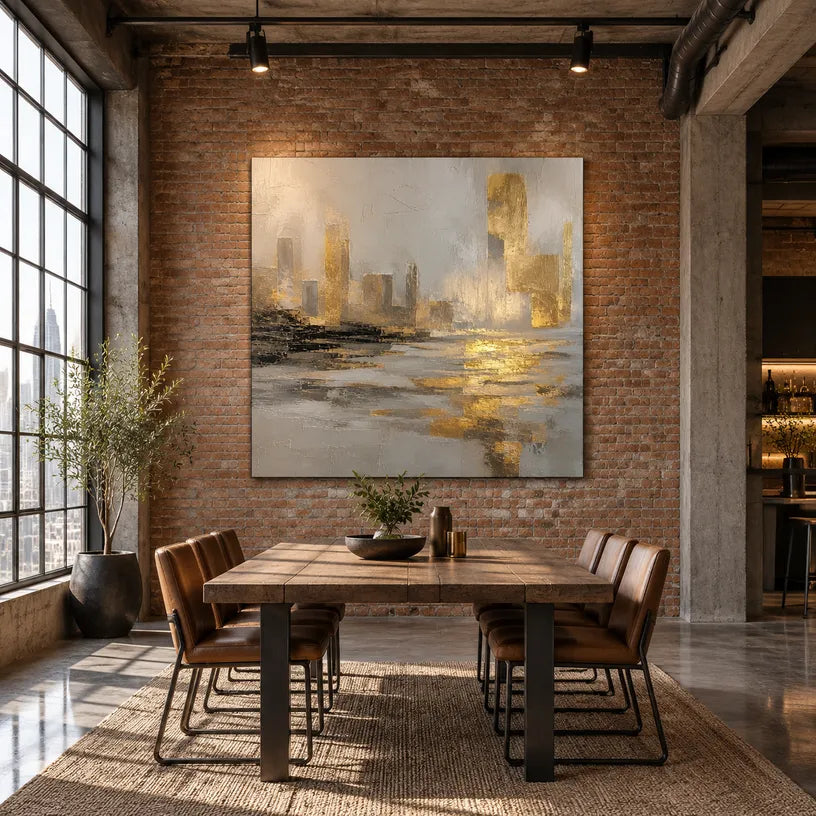 Abstract Expressionist landscapes & seascapes & cityscapes oil painting showing a painterly landscape with distant hills, trees or reflective water in a brown palette.