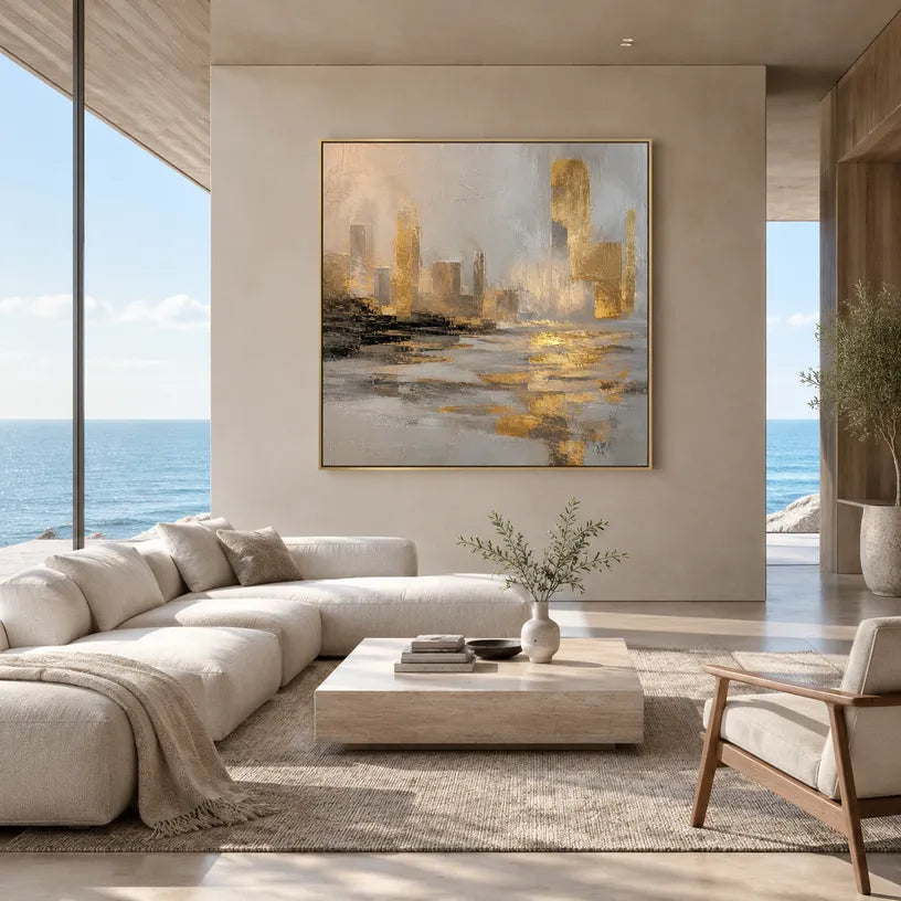 Abstract Expressionist landscapes & seascapes & cityscapes oil painting showing a painterly landscape with distant hills, trees or reflective water in a brown palette.