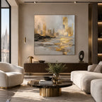 Abstract Expressionist landscapes & seascapes & cityscapes oil painting showing a painterly landscape with distant hills, trees or reflective water in a brown palette.