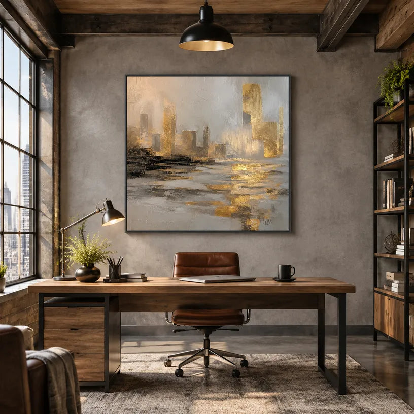 Abstract Expressionist landscapes & seascapes & cityscapes oil painting showing a painterly landscape with distant hills, trees or reflective water in a brown palette.