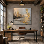 Abstract Expressionist landscapes & seascapes & cityscapes oil painting showing a painterly landscape with distant hills, trees or reflective water in a brown palette.