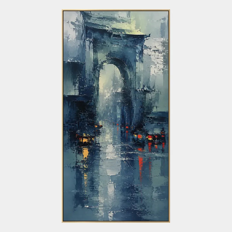 Abstract Expressionist landscapes & seascapes & cityscapes oil painting showing a stylized city skyline with reflective water and atmospheric light in a blue palette.