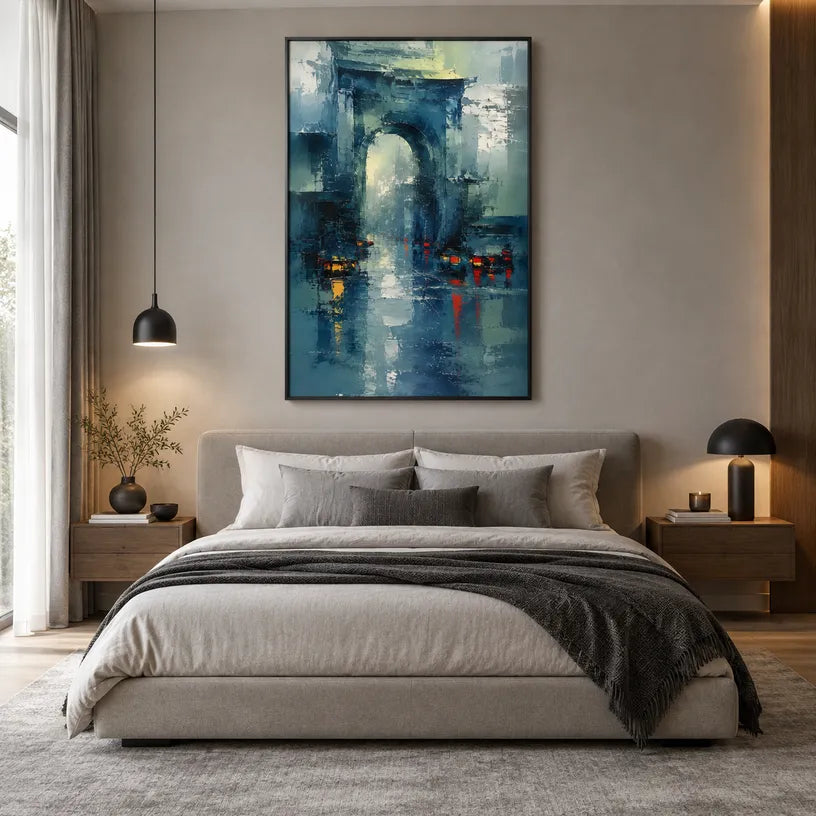 Abstract Expressionist landscapes & seascapes & cityscapes oil painting showing a stylized city skyline with reflective water and atmospheric light in a blue palette.