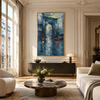 Abstract Expressionist landscapes & seascapes & cityscapes oil painting showing a stylized city skyline with reflective water and atmospheric light in a blue palette.