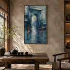 Abstract Expressionist landscapes & seascapes & cityscapes oil painting showing a stylized city skyline with reflective water and atmospheric light in a blue palette.