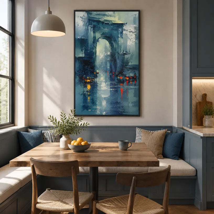 Abstract Expressionist landscapes & seascapes & cityscapes oil painting showing a stylized city skyline with reflective water and atmospheric light in a blue palette.