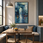 Abstract Expressionist landscapes & seascapes & cityscapes oil painting showing a stylized city skyline with reflective water and atmospheric light in a blue palette.