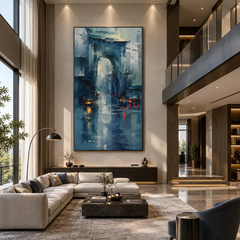 Abstract Expressionist landscapes & seascapes & cityscapes oil painting showing a stylized city skyline with reflective water and atmospheric light in a blue palette.