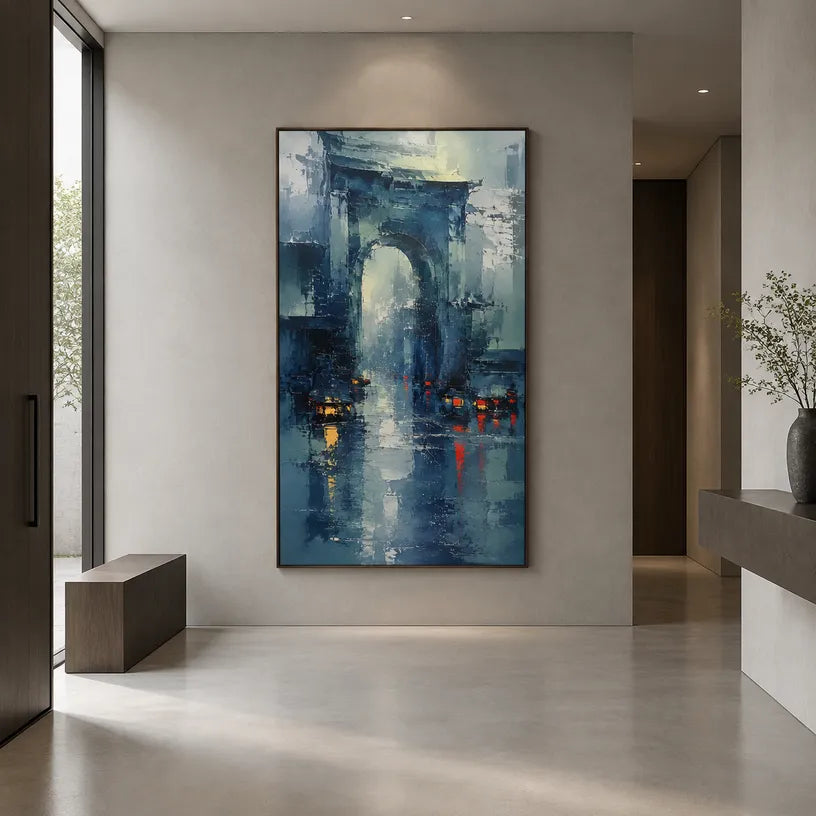 Abstract Expressionist landscapes & seascapes & cityscapes oil painting showing a stylized city skyline with reflective water and atmospheric light in a blue palette.