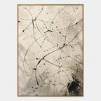 Abstract Expressionist abstract oil painting showing delicate black linework over a warm neutral ground in a beige palette, contemporary wall art.