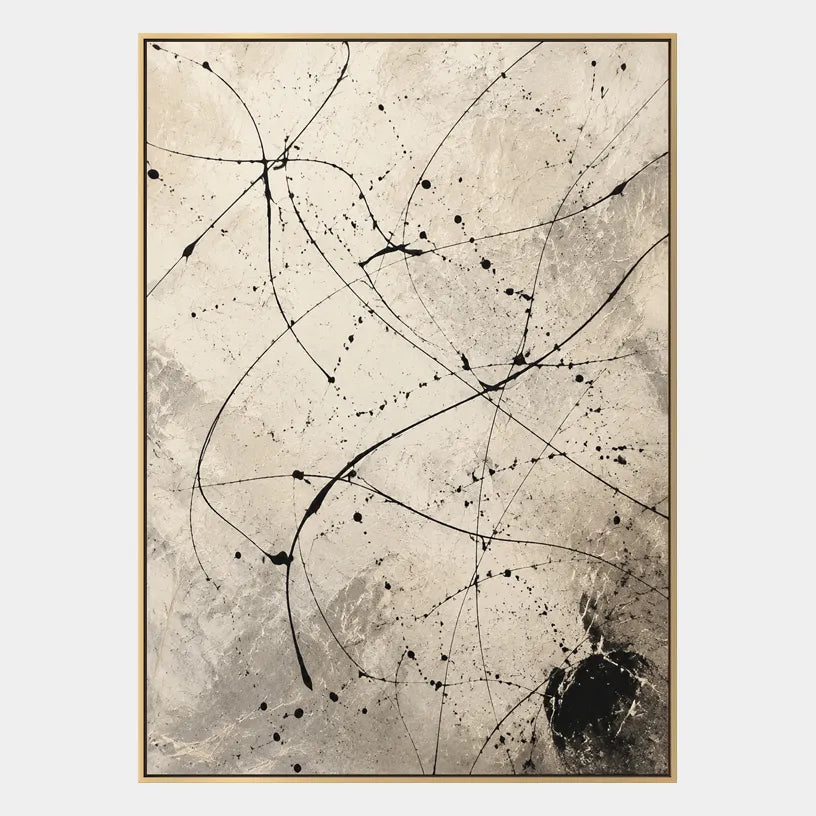 Abstract Expressionist abstract oil painting showing delicate black linework over a warm neutral ground in a beige palette, contemporary wall art.