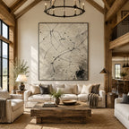 Abstract Expressionist abstract oil painting showing delicate black linework over a warm neutral ground in a beige palette, contemporary wall art.