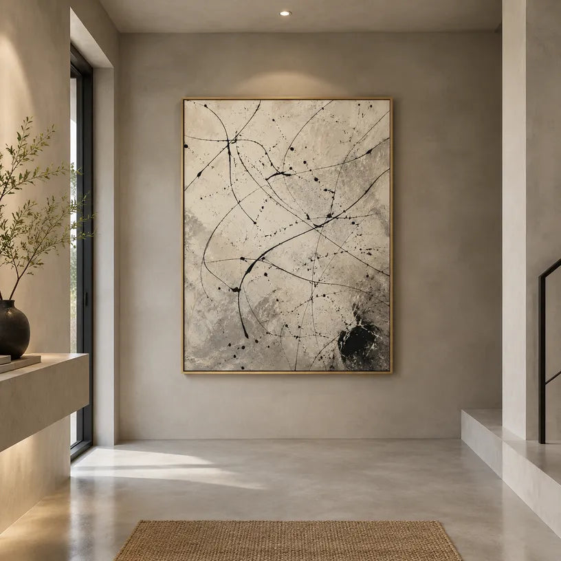 Abstract Expressionist abstract oil painting showing delicate black linework over a warm neutral ground in a beige palette, contemporary wall art.
