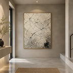 Abstract Expressionist abstract oil painting showing delicate black linework over a warm neutral ground in a beige palette, contemporary wall art.
