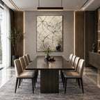 Abstract Expressionist abstract oil painting showing delicate black linework over a warm neutral ground in a beige palette, contemporary wall art.