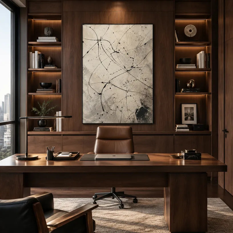 Abstract Expressionist abstract oil painting showing delicate black linework over a warm neutral ground in a beige palette, contemporary wall art.