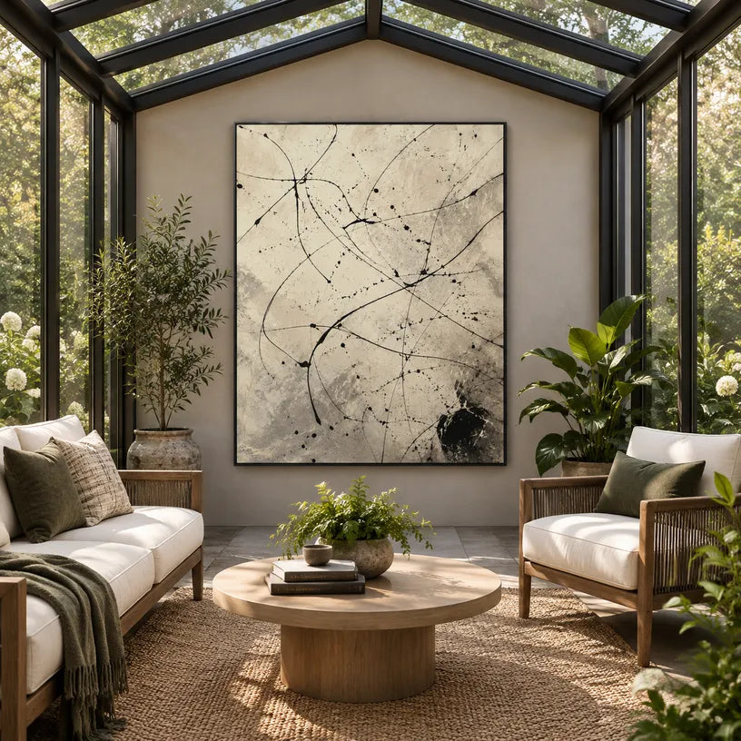 Abstract Expressionist abstract oil painting showing delicate black linework over a warm neutral ground in a beige palette, contemporary wall art.