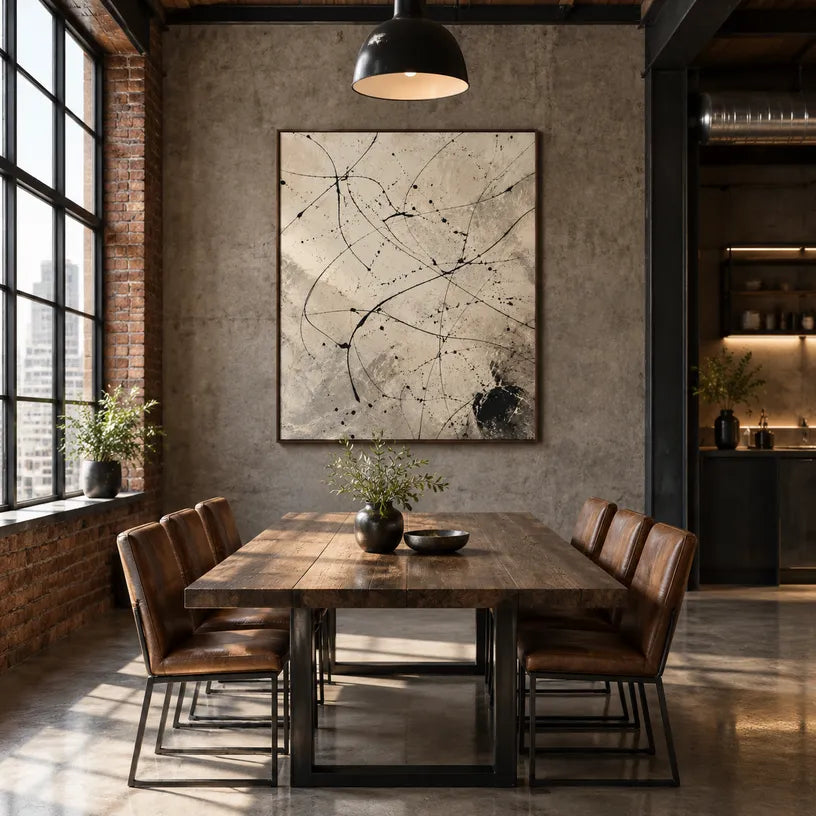 Abstract Expressionist abstract oil painting showing delicate black linework over a warm neutral ground in a beige palette, contemporary wall art.