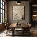 Abstract Expressionist abstract oil painting showing delicate black linework over a warm neutral ground in a beige palette, contemporary wall art.