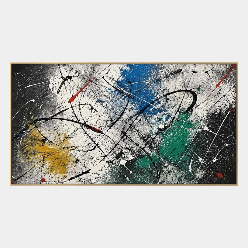 Abstract Expressionist abstract oil painting showing dark layered strokes with jewel-toned accents in a black palette, contemporary wall art.