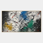 Abstract Expressionist abstract oil painting showing dark layered strokes with jewel-toned accents in a black palette, contemporary wall art.