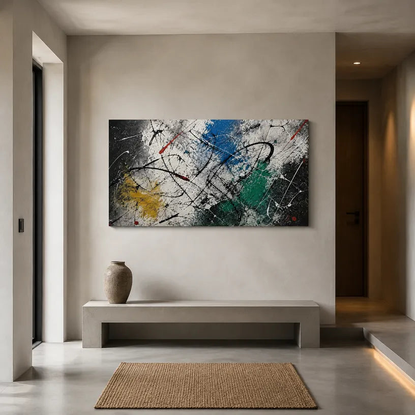 Abstract Expressionist abstract oil painting showing dark layered strokes with jewel-toned accents in a black palette, contemporary wall art.