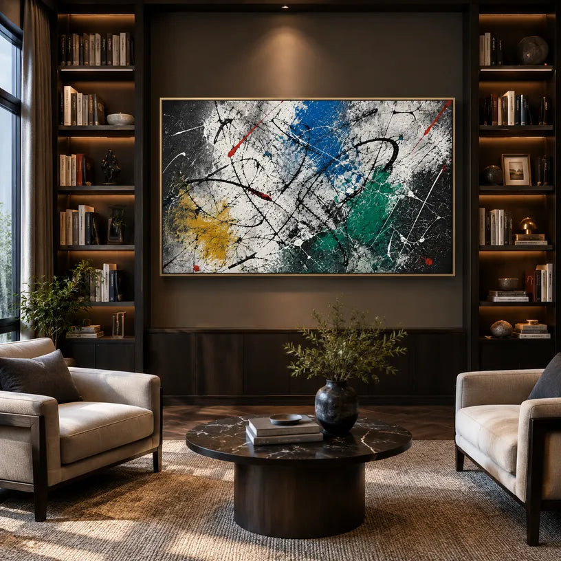 Abstract Expressionist abstract oil painting showing dark layered strokes with jewel-toned accents in a black palette, contemporary wall art.